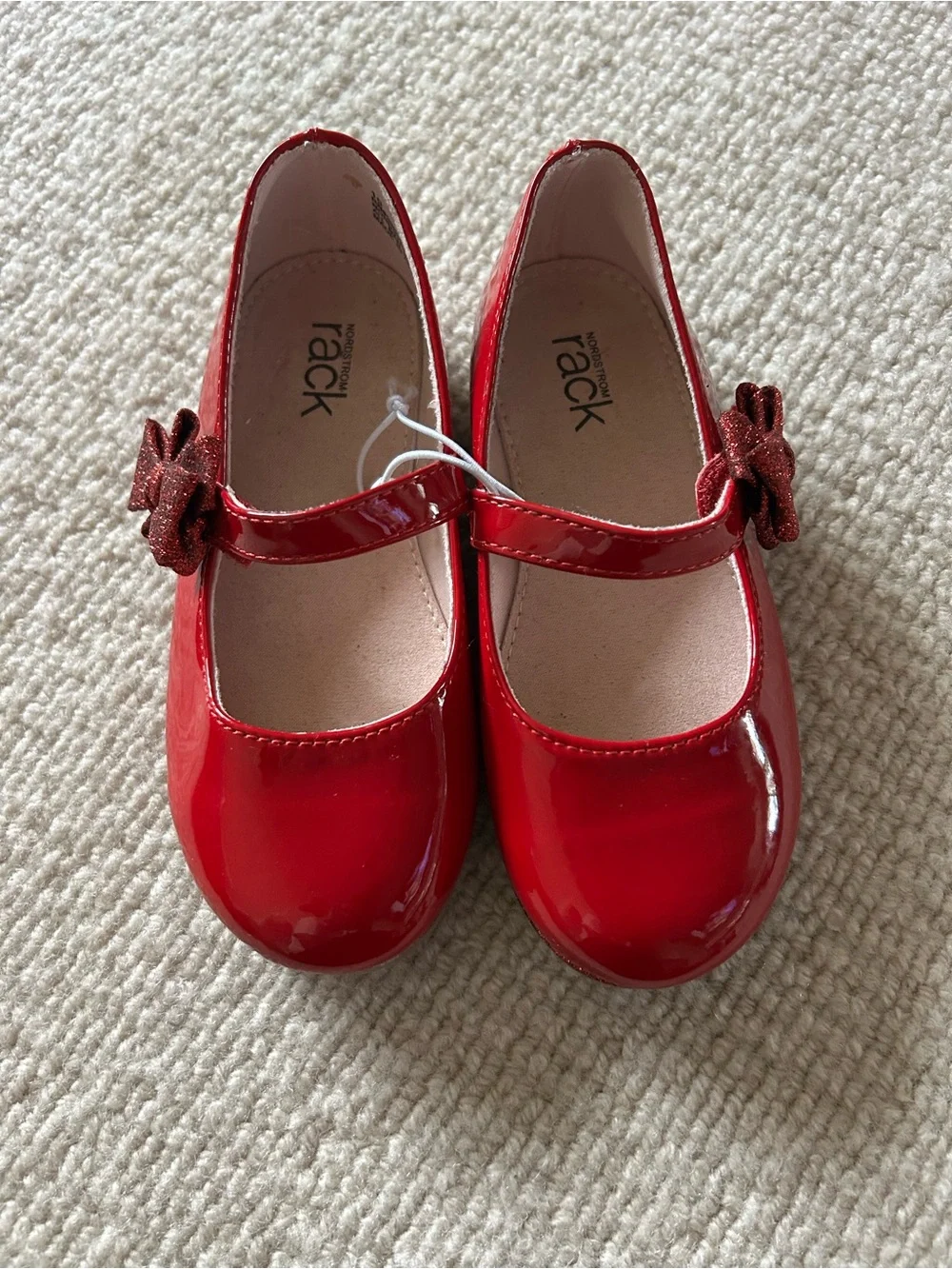 Nordstrom Kids Red Patent Mary Jane Shoes with Glitter Bow Accent